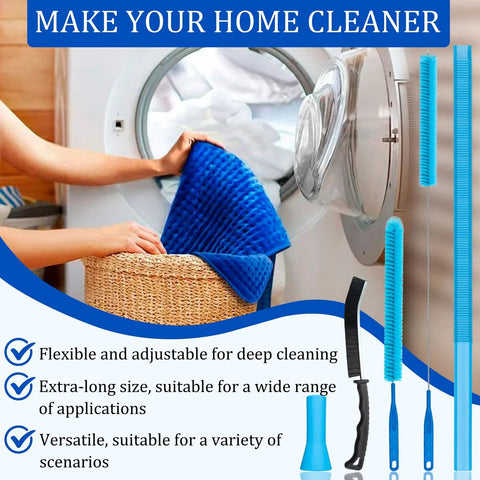 Universal Dryer Vent Cleaning Kit Attachment For Vacuum Hoses With Lint Brush, showing kit components and usage near dryer