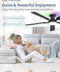 Sleek 52 Inch Smart Ceiling Fan With RGB Smart Lighting And Wifi Voice Control Compatible With Alexa For Slick Cooling And No Sweat Setup Today, stylish in a cozy living room.