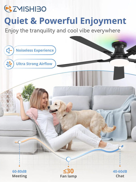 Sleek 52 Inch Smart Ceiling Fan With RGB Smart Lighting And Wifi Voice Control Compatible With Alexa For Slick Cooling And No Sweat Setup Today, stylish in a cozy living room.