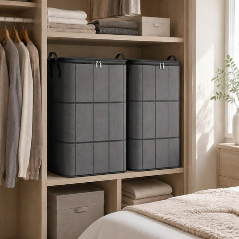 Big Boy Sized Foldable Storage Bin With Smooth Zipper Heavy Duty Nonwoven Fabric Easy Tidy Closet Organizer stacked in shelf.