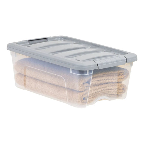 Heavy Duty Plastic Storage Containers With Secure Latching Lids Stackable Organization Bins Clear Grey Totes 12 Quart Gear Haulers Set Of 6 To Stack Em Up And Keep Your Spot Hella Organized During Move Days