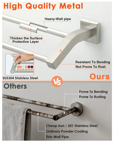 Comparison of Double Towel Bar Rack For Bathroom Wall Mount, Heavy Duty SUS304 Stainless Steel vs. Rust-prone metal bar