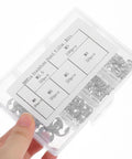 300 Piece Stainless Steel E Shaped Retaining Ring Kit With Storage Case, rust-resistant snap rings in plastic box with sections.