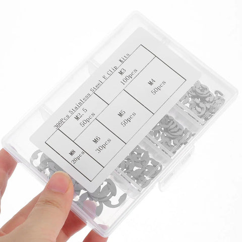 Must Have Circlip Assortment Kit With Storage Case, 304 Stainless Steel E Shaped Retaining Rings And Open Split Washers, Rust Resistant Set For Shaft Grooves, Machinery And Indoor Use, 300 Pieces. Transparent case with mixed sizes