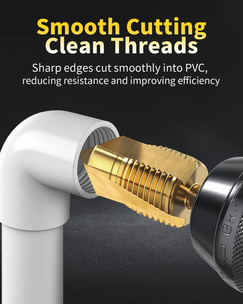 Dual-Function PVC Pipe Threading Tool Kit For One-Half Inch And Three-Quarter Inch Pipes in use on PVC pipe
