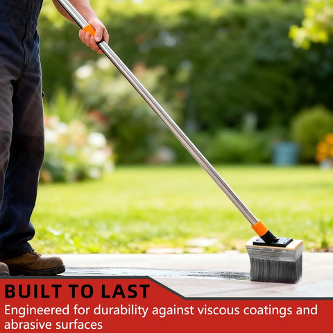 7 Inch Deck Stain Brush for Outdoor Wood Projects with Wide Coverage Pro Grade Ferrule in use on wooden surface outdoors