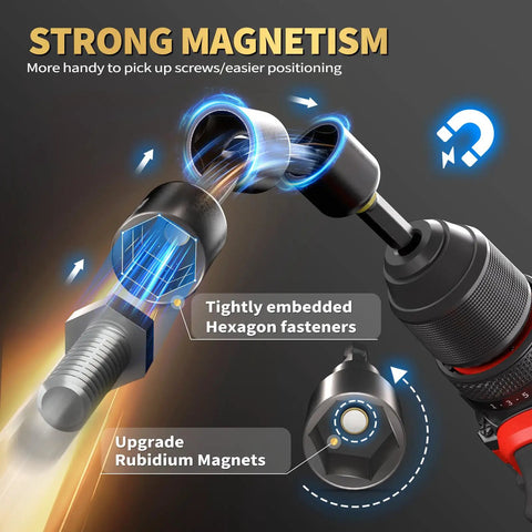 Magnetic Impact Nut Driver Set 86 Piece Heavy Duty with Metric and SAE Bits showing strong magnetism for hexagon fasteners