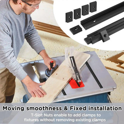 Man using 26 Pc Table Saw Crosscut Sled Kit Includes Tough Aluminum T Tracks And Uhmw Miter Bars for precise cuts on a table saw.