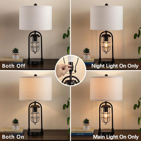 Cool Industrial Modern Table Lamps set of 2 displaying four lighting options with USB ports, espresso metal lantern style.