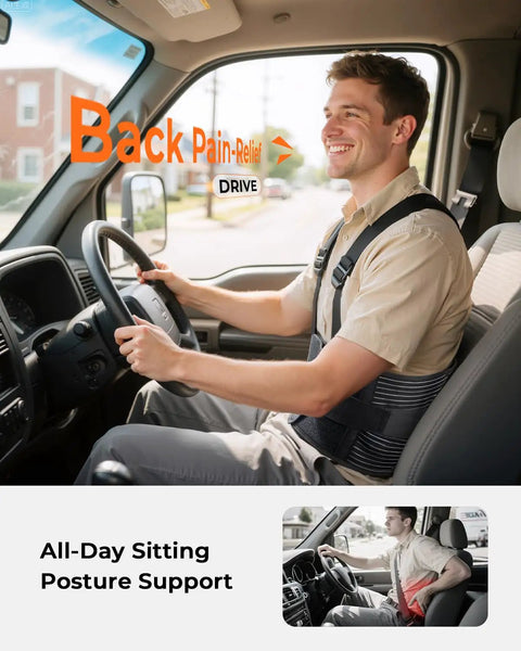 Man wearing Breathable Work Back Brace With Removable Suspenders For Men And Women, Medical Grade Lower Back Support Belt while driving