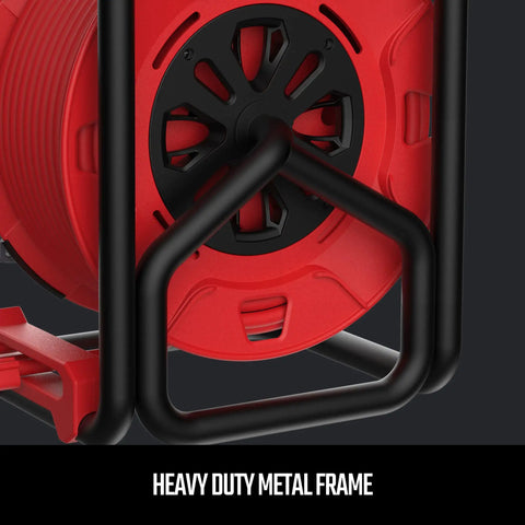 Close-up view of the heavy duty metal frame of 100 Ft Retractable Extension Cord Reel With Four Outlets For Outdoor Yard Work And Heavy Duty 14 AWG SJTW Cable Includes On Off Switch And Light Indicator CSA Certified.