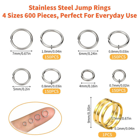 Premium Stainless Steel Jump Rings Set With 600 Pieces In Four Sizes 4mm 5mm 6mm 7mm Silver Connector Rings For Jewelry Making And DIY Crafts