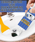 Applying Ceramic Super Glue For Porcelain And Tile Repair Waterproof Instant Bond Adhesive to cracked bathroom basin surface.