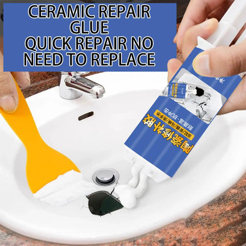 Applying Ceramic Super Glue For Porcelain And Tile Repair Waterproof Instant Bond Adhesive to cracked bathroom basin surface.