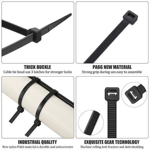 500 Pack 16 Inch Nylon Cable Ties Self Locking Black Heavy Duty Zip Ties For Indoors And Outdoors Use With 60 Pound Tensile Strength UV Resistant Ideal For Farm Garden Home Workshop And Gear Organization shown with thick buckle and PA66 new material.