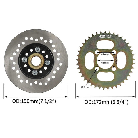 Close-up of 428 sprocket and brake disc from All In One Go Kart Chassis Kit With 32 Inch Rear Live Axle And Front Steering Assembly