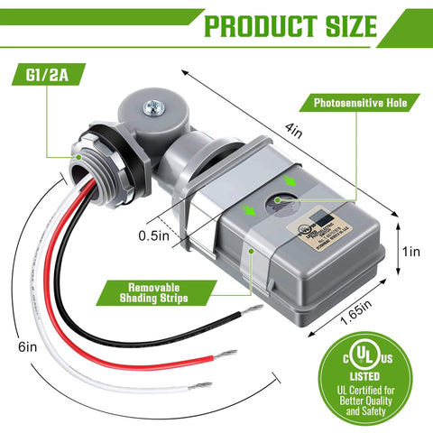 Two Pack Photocell Sensor For Outdoor Lights 120 Volt Alternating Current 50 60 Hertz IP54 Waterproof Swivel Mount product size diagram