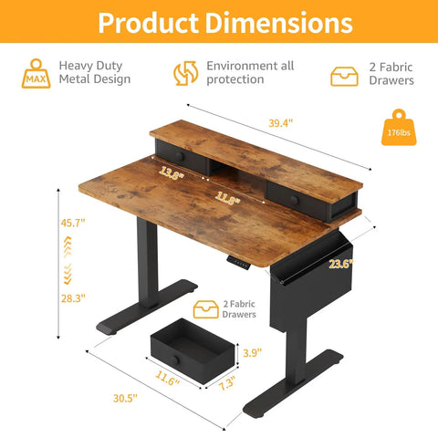 Sit Stand Desk With 40 Inch Work Surface And Adjustable Height From 28 To 46 Inches Quiet Motor Storage Drawers Monitor Shelf