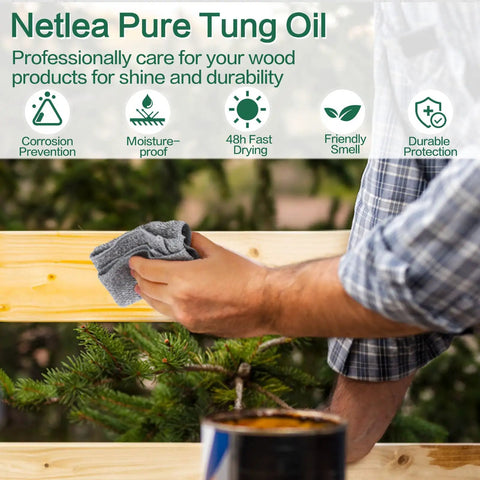 Hella Pure Tung Oil In A Massive 135 Oz Jug For 100 Percent Natural Wood Finish being applied on a wood surface.