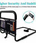 Bed Rails For Old Folks And Seniors With Adjustable Height Under Mattress Bed Guard With Storage Pocket Non Slip Foam Portable Side Railings To Prevent Falls Easy Install Black with measuring tool showing thickness
