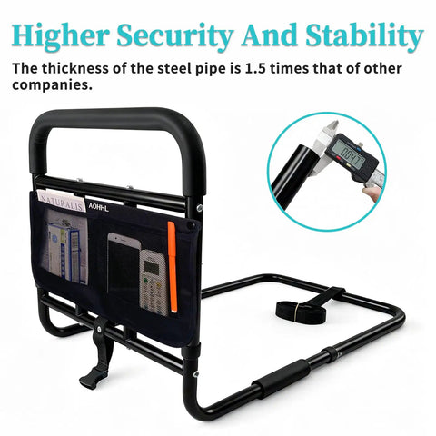Bed Rails For Old Folks And Seniors With Adjustable Height Under Mattress Bed Guard With Storage Pocket Non Slip Foam Portable Side Railings To Prevent Falls Easy Install Black with measuring tool showing thickness