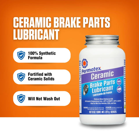 Permatex Ceramic Brake Parts Lubricant bottle, 8 oz, white container with blue/purple label