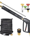 Beefy Long Pressure Washer Gun And Hose Kit With Fifty Foot Rubber Steel Braided Hose Three Eighths Inch Quick Connect M22 Adapters 4000 PSI Power Washer Nozzle Set For Troy Bilt Ryobi Simpson Craftsman And More showing gun, braided hose, and nozzle set.