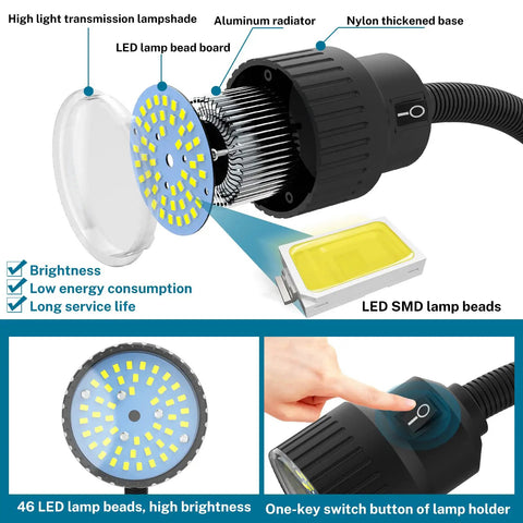 Detailed view of Magnetic Dual Gooseneck Work Light 1200 Lumens IP66 Waterproof, LED lamp beads, aluminum radiator, nylon base.