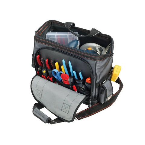 Open Side Tool Bag With 61 Pockets, 1680D Ballistic Polyester, Medium Gray, Heavy Duty Organizer For Pros, showing tools inside