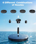 Solar Bird Bath Fountain With Six Nozzles Floating Water Pump Powered By Sun for garden decor, shown in different nozzle combinations