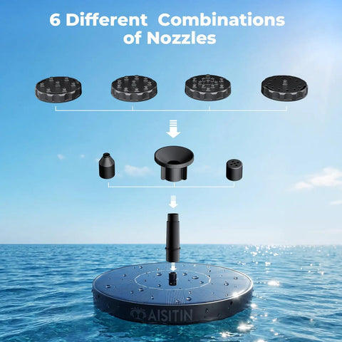 Solar Bird Bath Fountain With Six Nozzles Floating Water Pump Powered By Sun for garden decor, shown in different nozzle combinations