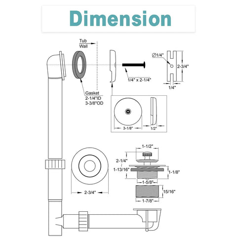 Technical drawing of Oil Rubbed Bronze Bathtub Drain Kit With Lift And Turn Stopper And Overflow Faceplate showing dimensions