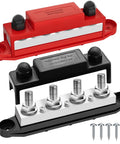 Heavy Duty 400 Amp 12 Volt Bus Bar Power Distribution Block With Premium Brass Terminals And Ultra Durable Nylon Cover For Built Tough Automotive Marine Solar Wiring Red Black Pair showing red and black bus bars with brass terminals.