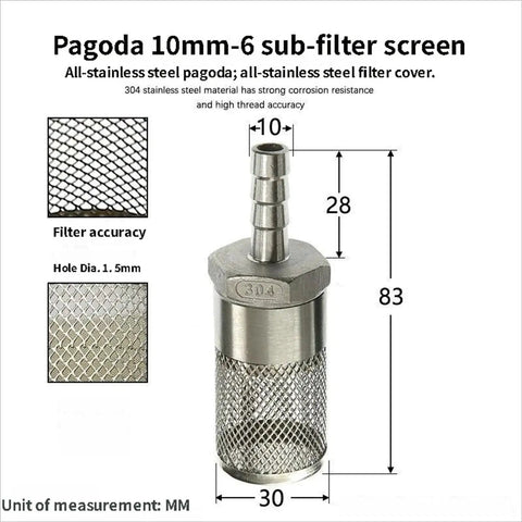 Stainless Steel Water Pump Filter Hose End Strainer Barbed Inline Mesh Screen 10mm Three Quarter Inch Assorted Sizes for Pressure Washer Garden RV Debris Prevention 1 Piece with dimensions and filter accuracy details displayed.