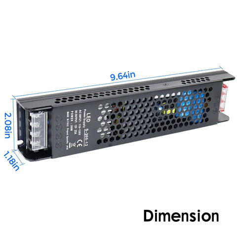 Heavy Duty 12V 25A 300W Universal Switching Power Supply 110V AC To 12V DC LED Driver And Adapter For Strip Lights Lamps And Radios With Overload Over Voltage Over Current And Short Circuit Protections, metal housing, 9.64in x 2.08in x 1.18in