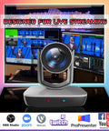 Pro Grade NDI Camera With 20X Optical Zoom And PTZ, 1080P 60FPS, front view with live streaming screens in background.