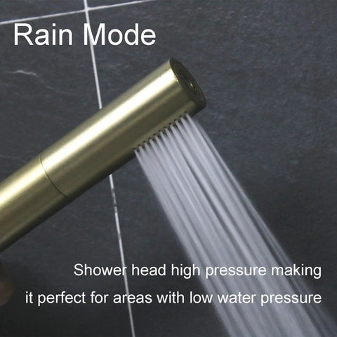 2 In 1 Handheld Shower Head Set With Rain And Jet Modes showing rain mode with high pressure spray, oil rubbed bronze finish, durable brass construction.
