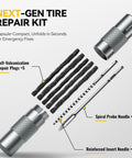 Capsule Style Tire Repair Kit With Plugs For Punctures And Flats That Fits In Your Glove Box Or Backpack Ultra Portable And Stainless Steel Shell Quick Patch For Motorcycle Car ATV UTV And Mountain Bikes. Includes repair plugs, needle, and probe.
