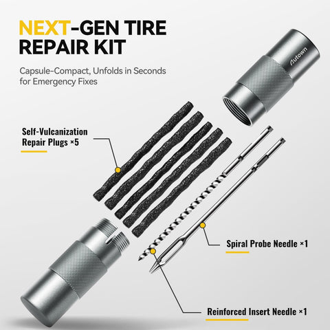 Capsule Style Tire Repair Kit With Plugs For Punctures And Flats That Fits In Your Glove Box Or Backpack Ultra Portable And Stainless Steel Shell Quick Patch For Motorcycle Car ATV UTV And Mountain Bikes. Includes repair plugs, needle, and probe.