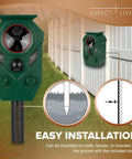 Two Pack Solar Ultrasonic Animal Repellers With Motion Sensor For Outdoor Yards And Gardens, mounted on fence with stake