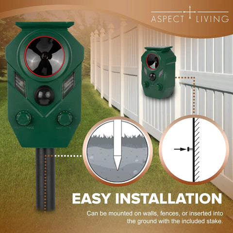 Two Pack Solar Ultrasonic Animal Repellers With Motion Sensor For Outdoor Yards And Gardens, mounted on fence with stake