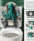 Elongated Toilet Seat Quick Release Resin for Bathroom with octopus design, featuring grip-tight bumpers and stainless steel hinge.