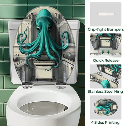 Elongated Toilet Seat Quick Release Resin for Bathroom with octopus design, featuring grip-tight bumpers and stainless steel hinge.