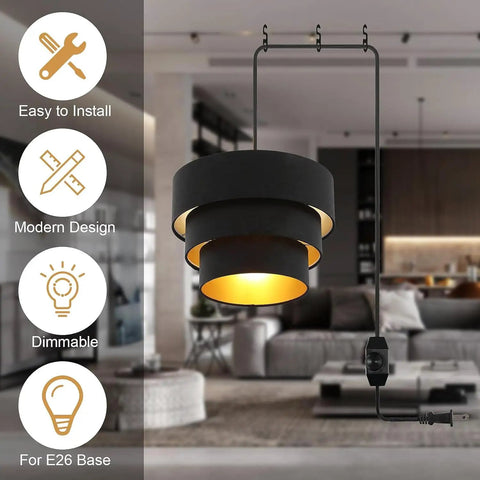 Plug In Pendant Light With Fabric Shade Three Tier Layered Hanging Lamp for cozy bedroom or living room, modern black design.
