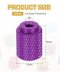 4 Pack Knurled Thumb Nuts M4 12mm OD 16mm Height 6061 Aluminum Anodized Alloy Hand Screws, purple with dimensions shown