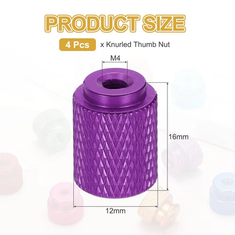 4 Pack Knurled Thumb Nuts M4 12mm OD 16mm Height 6061 Aluminum Anodized Alloy Hand Screws, purple with dimensions shown