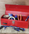Nineteen Inch Heavy Gauge Steel Barn Tool Box With Padlock Clip Lock And Sturdy Carry Handle Includes Bonus Tote Tray for tools.