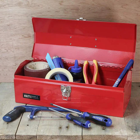 Nineteen Inch Heavy Gauge Steel Barn Tool Box With Padlock Clip Lock And Sturdy Carry Handle Includes Bonus Tote Tray for tools.