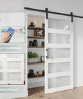 36 Inch By 84 Inch Glass Barn Door Slab In White MDF With Frosted Glass PVC Surface Includes Six Point Six Feet Hardware Kit Door Handle And Floor Guide DIY Friendly And No Fuss Ready To Install