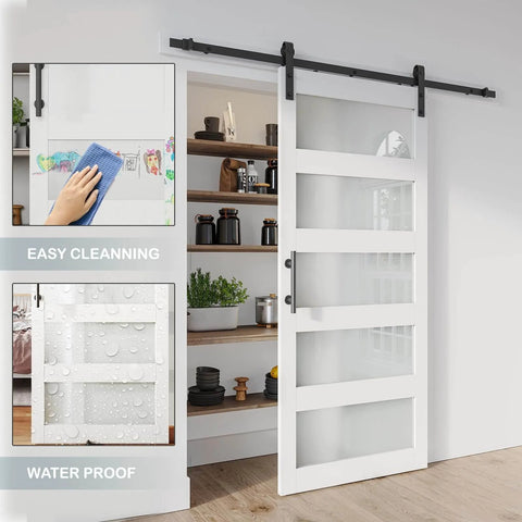 36 Inch By 84 Inch Glass Barn Door Slab In White MDF With Frosted Glass PVC Surface Includes Six Point Six Feet Hardware Kit Door Handle And Floor Guide DIY Friendly And No Fuss Ready To Install